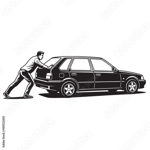 Man struggling to push a broken down wagon car in vector style illustration