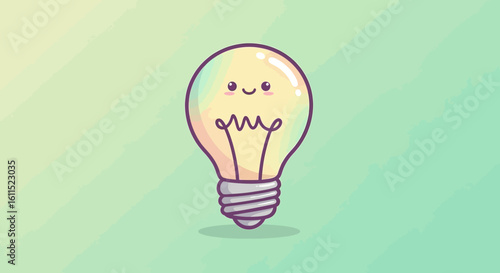 Cute, cartoon lightbulb with happy expression, vibrant colors, simple design.