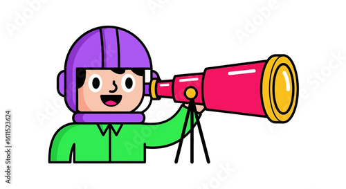 A cartoon astronaut happily peers through a large, red telescope, exploring the cosmos.