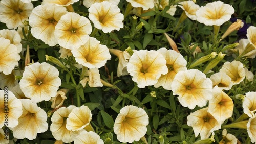 Blooming Petunia flowers,  'Potunia Lemon Drop', in outdoor garden during summer at Chinguacousy Park in Brampton, Ont, Canada