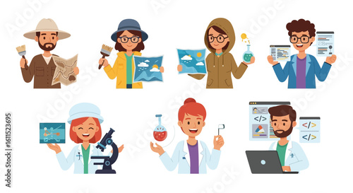 Diverse group of professionals including archaeologist, cartographer, botanist, programmer, marine biologist, chemist, and software developer.