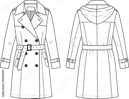 Double-Breasted Trench Coat Flat Sketch, Women’s Hooded Outerwear CAD, Fashion Technical Drawing, Belted Jacket Vector Illustration Template