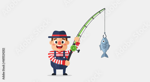 Happy cartoon fisherman proudly displays his freshly caught fish.