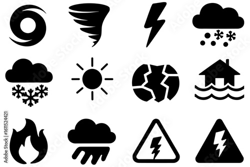 Weather and natural disaster icons in bold silhouette style.