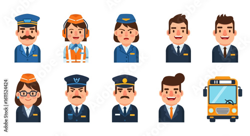 A collection of diverse cartoon avatars depicting various transportation professionals, including pilots, flight attendants, and bus drivers.