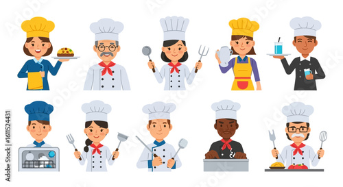 Diverse group of cartoon chefs showcasing culinary skills and tools.