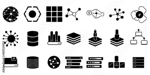 Black server and connection vector icons pack .