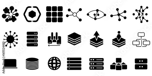Black server and connection vector icons pack .