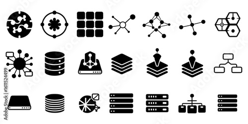 Black server and connection vector icons pack .
