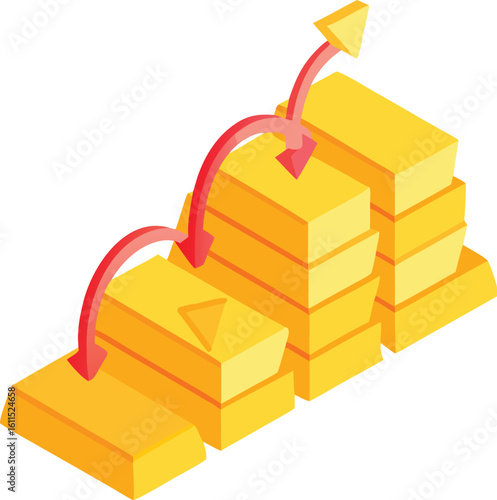 Gold bars ascending with red arrows vector illustration bullion stack