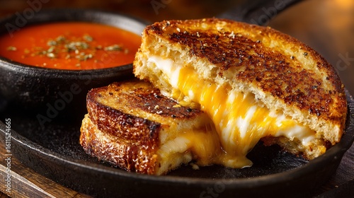Texas toast grilled cheese sandwich oozing with melted American cheese served with tomato soup