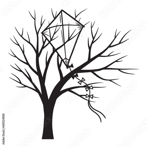 Silhouette of a tree with a kite symbolizing childhood memories and freedom