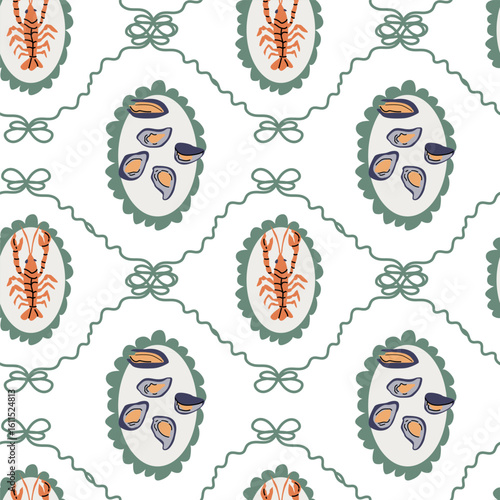 Nautical themed lobster and mussel pattern with marine motifs.