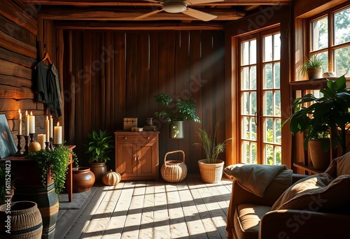 Sun-drenched room, aged wood, scented candles, plants, textured fabrics,   living space,  earthy