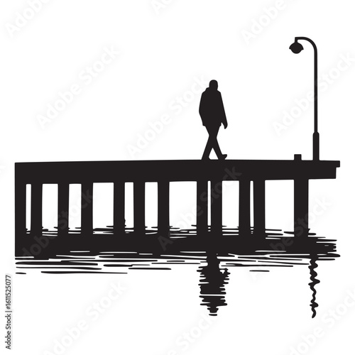 Silhouette of person walking on a pier near a lamp with reflection in the water