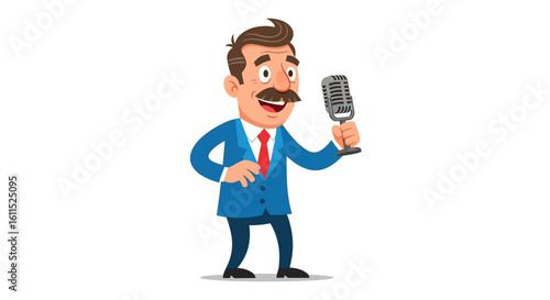 Cartoon man in a suit speaking into a microphone, likely a news anchor or presenter.