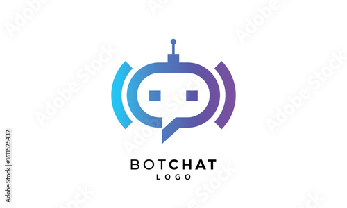 Minimal robot head inside a blue circle, featuring a speech bubble element. Chatbot logo concept for virtual assistant or customer support. Minimal vector design of a cute support bot