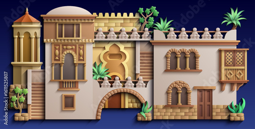 Colorful paper cut style vector illustration of an oriental city with domes, towers, and minarets. Perfect for Arabian, Islamic, and fairytale themed designs