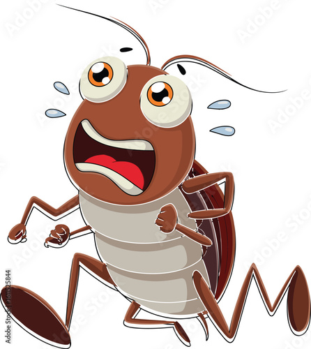 Funny cartoon cockroach screaming, expressive insect illustration, comical pest running in panic, bug character design, exaggerated emotion, scared roach