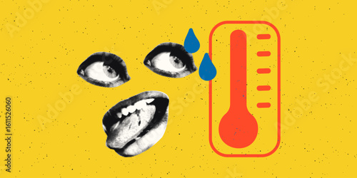 Extreme heatwave summer concept Abstract art collage of tired sweaty woman, red thermometer, sweat drops. Climate stress, high temperature, hot weather, overheating, global warming vector illustration