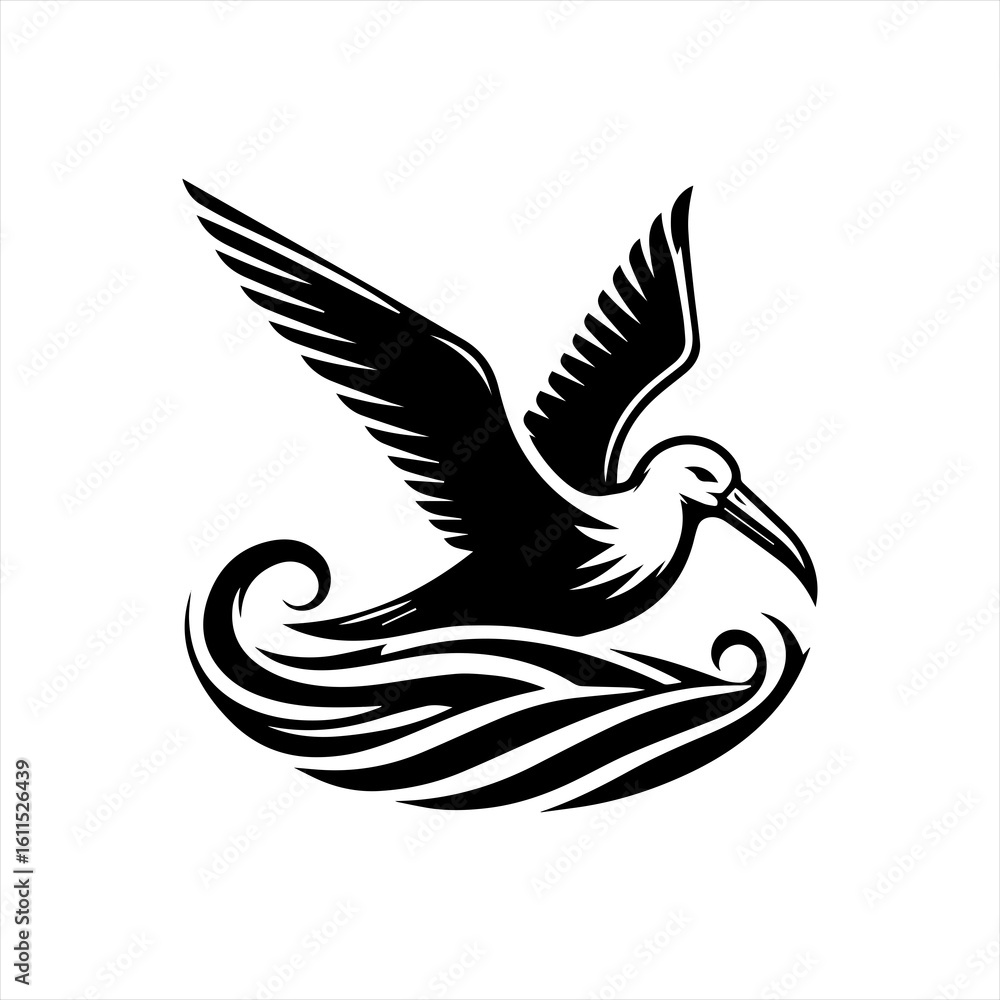 Fototapeta premium Stylized black and white bird flying over waves