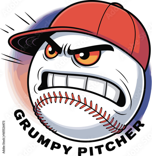 Grumpy cartoon baseball character with red cap, angry sports mascot, humorous expression, emotion, animated style, bold fun illustration