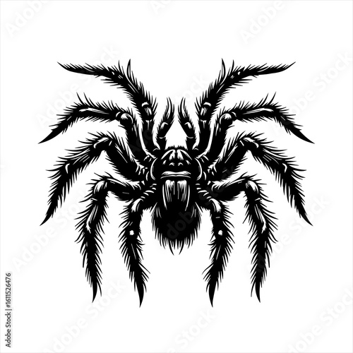 Black and white illustration of a hairy tarantula spider