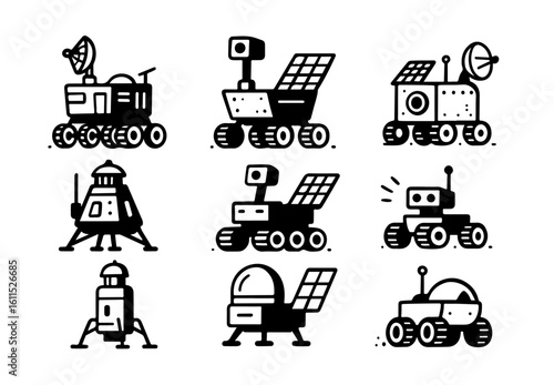 Set of 9 black and white vector icons with lunar rovers and space exploration modules. Minimal style illustrations for science, space, and tech-related projects