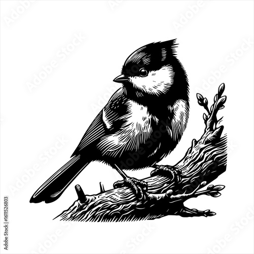 Black and white illustration of a small bird perched on a branch