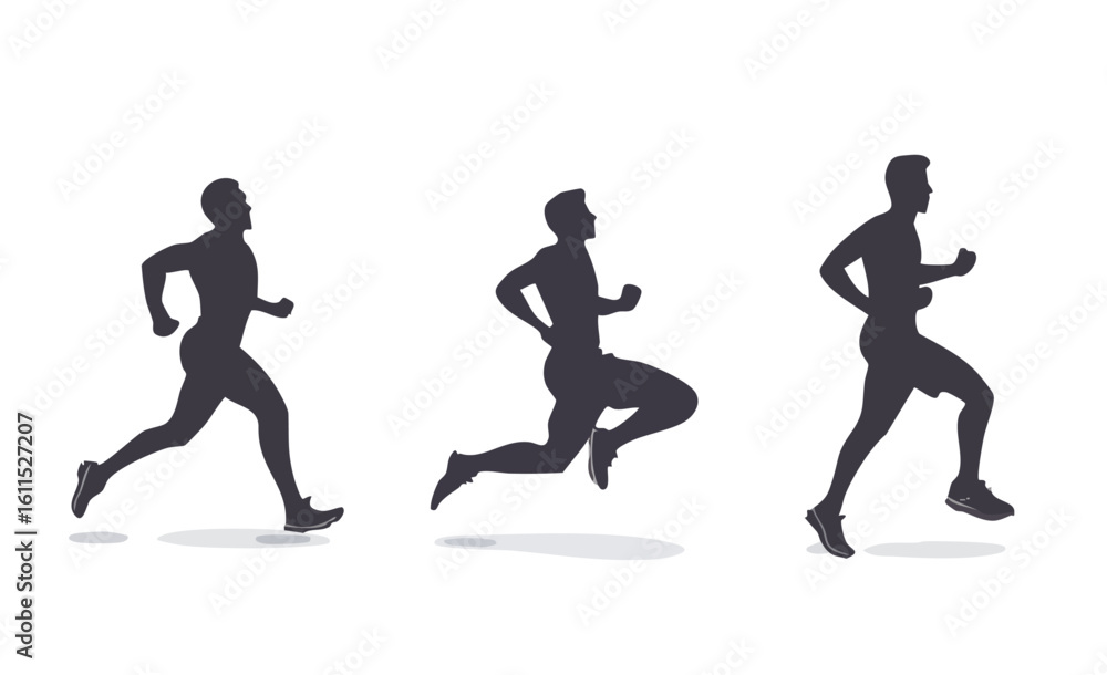Three Silhouettes of Male Runners in Motion Demonstrating Various Poses and Running Techniques on a White Background Three Silhouettes of Male Runners in Motion Demonstrating Various Poses and Running Techniques on a White Background