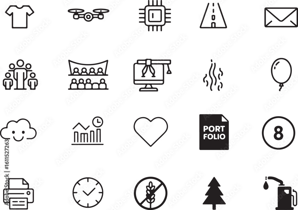Fototapeta premium Diverse Iconography Set Displaying Variety Across Technology, Society, and Nature with Simple and Minimalistic Designs