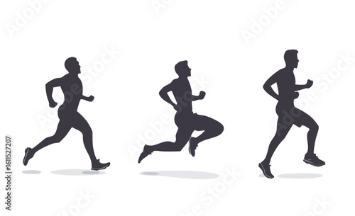 Three Silhouettes of Male Runners in Motion Demonstrating Various Poses and Running Techniques on a White Background