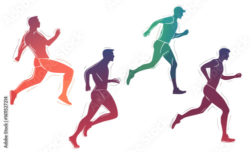 Dynamic Silhouettes of Men Running in Various Poses Showcasing Motion and Athleticism with Gradient Colors