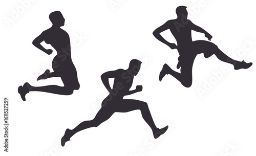 Silhouettes of Three Athletes in Motion Running and Jumping During a Dynamic Outdoor Competition