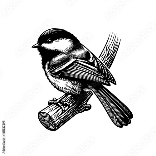 Black and white illustration of a chickadee perched on a branch