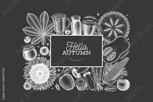 Hand Drawn Vector Autumn Illustration. Not AI Generated. Thanksgiving Chalk Board Background. Fall Season Cozy Mood Banner. Vintage Design Template.