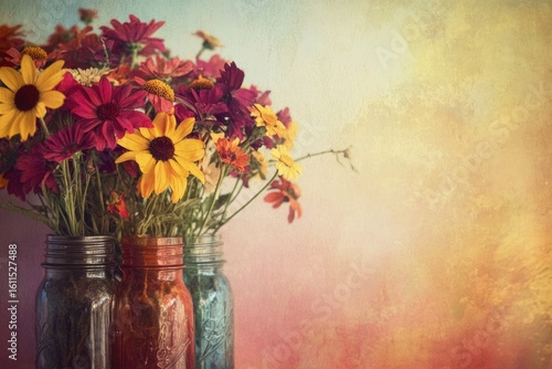 Wallpaper Mural Vibrant autumn flowers in vintage jars against a textured background. Torontodigital.ca