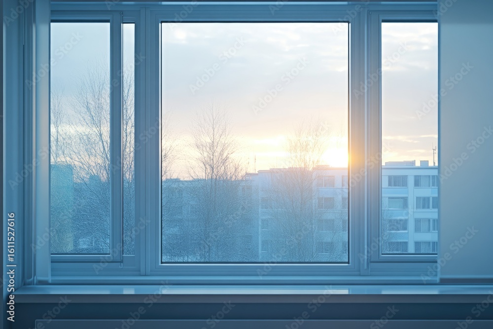 Fototapeta premium Sunrise view from a window, city skyline seen through modern triple pane windows.