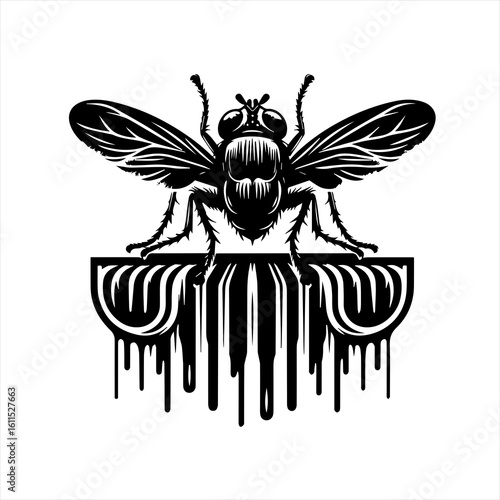 Stylized black fly perched on dripping surface