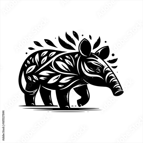 Stylized black tapir with leaf pattern and abstract elements
