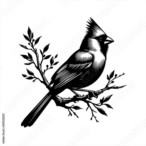 Black and white illustration of a cardinal perched on a branch