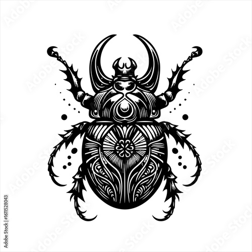 Intricate black and white scarab beetle illustration