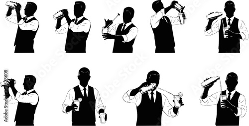 Bartender Silhouette Vector Set – Professional Mixology Figures on White Background
