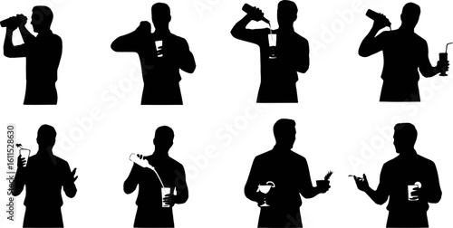 Bartender Silhouette Vector Set – Professional Mixology Figures on White Background
