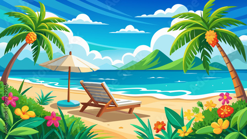 very Beautiful tropical beach with white sand and two sun loungers on background of turquoise ocean and blue sky with clouds. Frame of palm leaves and flowers. Perfect landscape for relaxing vacation.