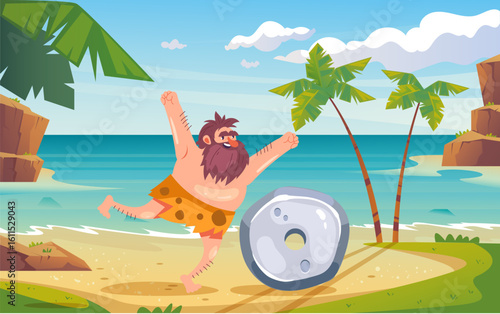 Cave people village prehistoric primitive tribe village concept. Vector graphic design element illustration	
