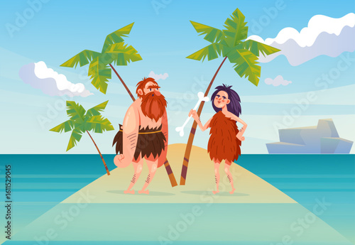 Cave people village prehistoric primitive tribe village concept. Vector graphic design element illustration	
