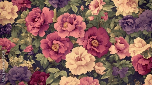 Wallpaper Mural Vintage floral background with pink, purple, and cream roses and green leaves. Torontodigital.ca