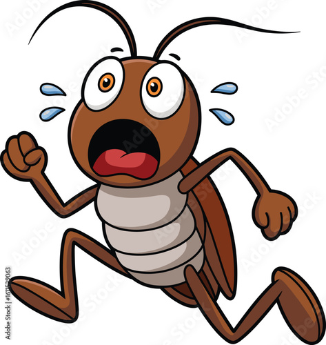 Scared cartoon cockroach running fast, wide-eyed bug with sweat drops, funny insect illustration, humorous pest vector, comical roach design, panic-stricken character 