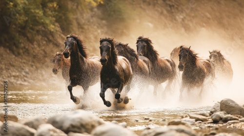 Wild horses galloping through river splashing water in golden light